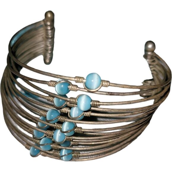 Copper Wires With Turquoise Blue Beads Cuff Bracelet Medium - Picture 1 of 6
